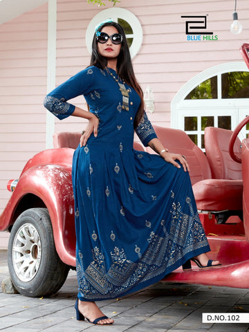 Blue Hills Launched Walkway Vol 5 Rayon Fabric Fancy Designer Gown Type Kurtis Collection