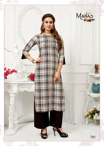 Manas Presents Checks Plazzo Rayon Embroidery Work Fancy Designer Kurtis Collections