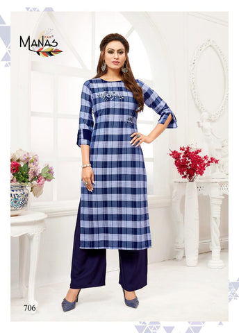 Manas Presents Checks Plazzo Rayon Embroidery Work Fancy Designer Kurtis Collections