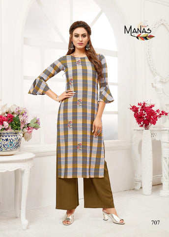 Manas Presents Checks Plazzo Rayon Embroidery Work Fancy Designer Kurtis Collections