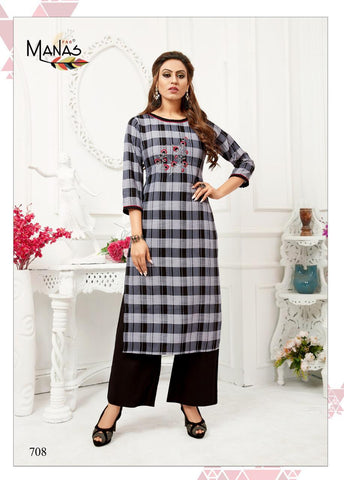 Manas Presents Checks Plazzo Rayon Embroidery Work Fancy Designer Kurtis Collections