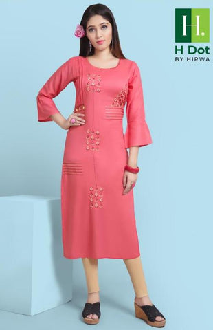 Hirwa Launched Cocktail Rayon Slub Embroidery Stylish Designer Kurtis Collection