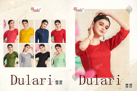 Dulari Heavy Rayon Slub Embroidery Work Fancy Designer Kurtis Collection