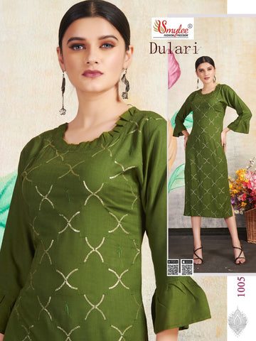 Dulari Heavy Rayon Slub Embroidery Work Fancy Designer Kurtis Collection