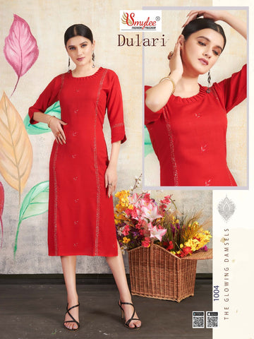 Dulari Heavy Rayon Slub Embroidery Work Fancy Designer Kurtis Collection