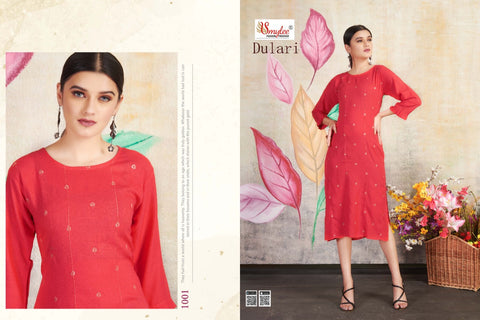 Dulari Heavy Rayon Slub Embroidery Work Fancy Designer Kurtis Collection