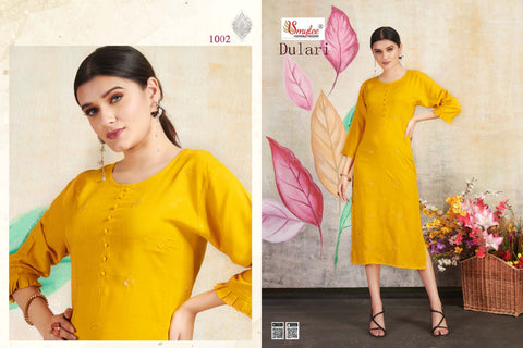 Dulari Heavy Rayon Slub Embroidery Work Fancy Designer Kurtis Collection