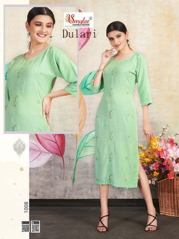 Dulari Heavy Rayon Slub Embroidery Work Fancy Designer Kurtis Collection
