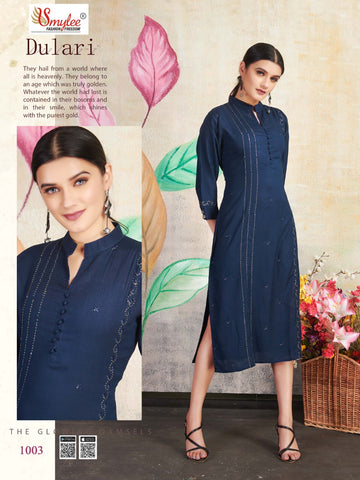 Dulari Heavy Rayon Slub Embroidery Work Fancy Designer Kurtis Collection