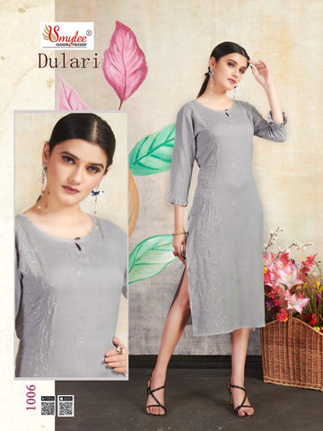 Dulari Heavy Rayon Slub Embroidery Work Fancy Designer Kurtis Collection