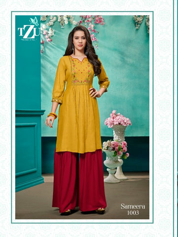 Tzu Kurtis Presents Sameera Rayon Embroidery Work Fancy Designer Kurtis Collection