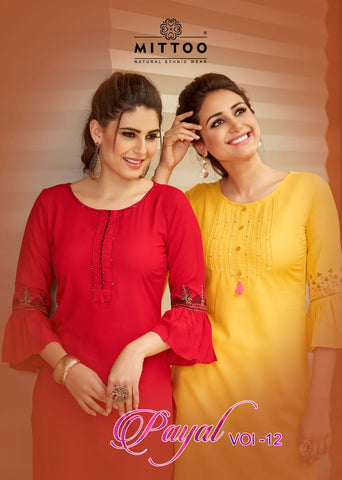 Indian Designer Kurti - Dress Code : Mittoo-1012 Brand : Mittoo (Surat,  India) Fabric : Heavy Rayon Size : L(40), XL(42), XXL(44) Type : Stitched  Readymade Kurti Occasion : Casual wear /